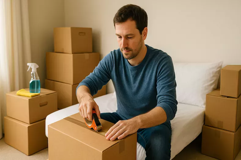 “Person packar flyttlådor i tillfälligt boende – symboliserar smart hantering av kortvarig flytt med fokus på boende, städning och effektiv packning”